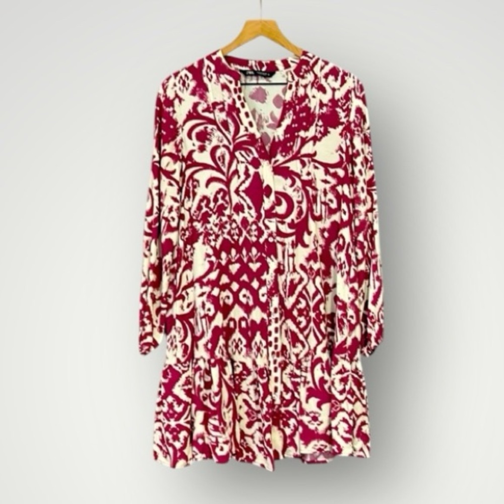 Zara Printed V-Neck Long Sleeve Ruffle Dress Women’s Size Small - Picture 1 of 9